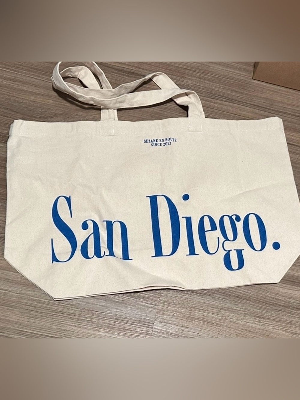 Sezane Natural Canvas Tote with Blue "San Diego" Print